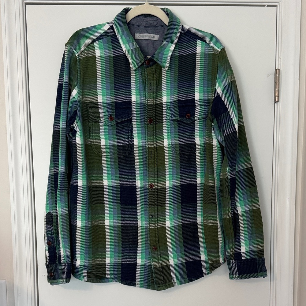 Outerknown Green and Blue Plaid Casual Shirt, Men’s size L.
